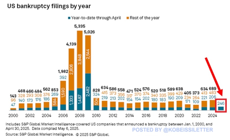 Large US Companies Witness Highest Number of Bankruptcy Filings in 15 Years Amid Souring Consumer Sentiment, According to Analyst